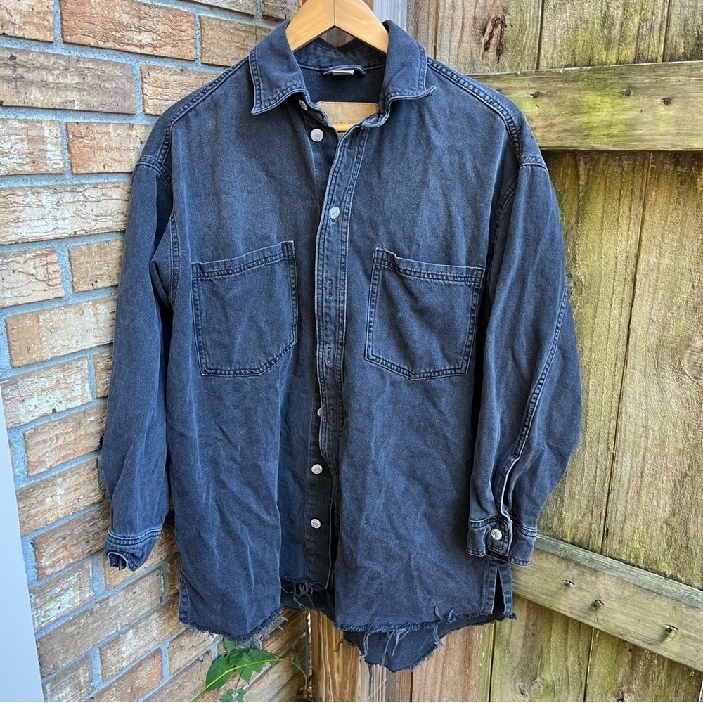 Men's Charcoal Denim Distressed Shirt Jacket